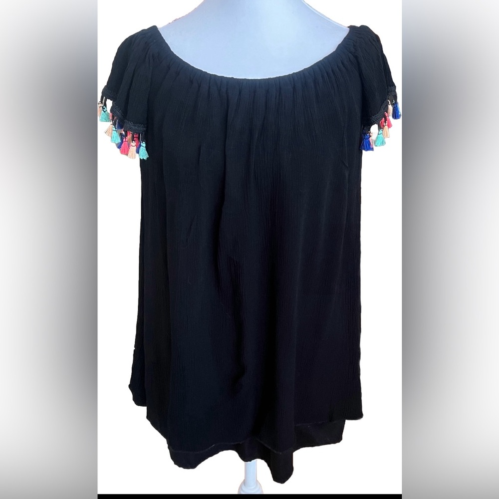 SEE YOU MONDAY Black Rayon Tunic Blouse With Colorful Tassel Sleeves Size Small